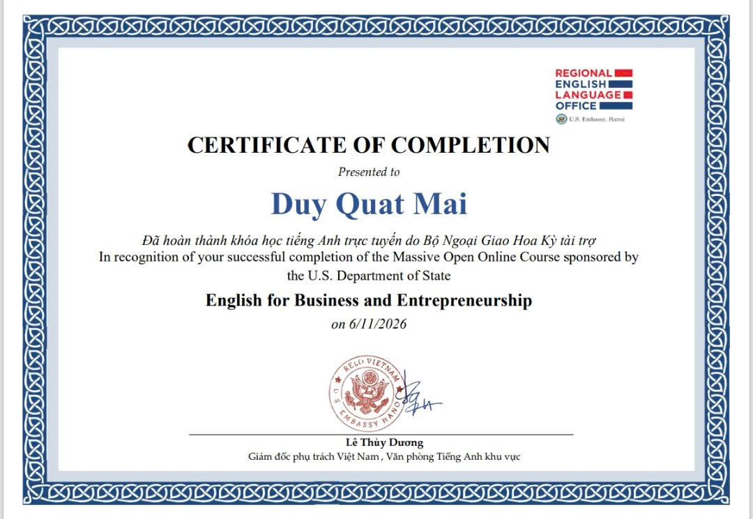 Chứng nhận English for Business and Entrepreneurship - Mai Duy Quát