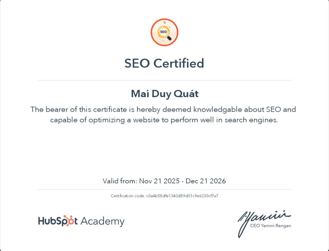 SEO Certification by HubSpot - Mai Duy Quát