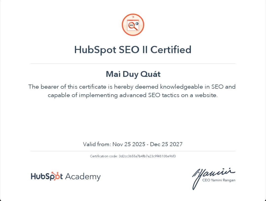 SEO II Certification by HubSpot - Mai Duy Quát